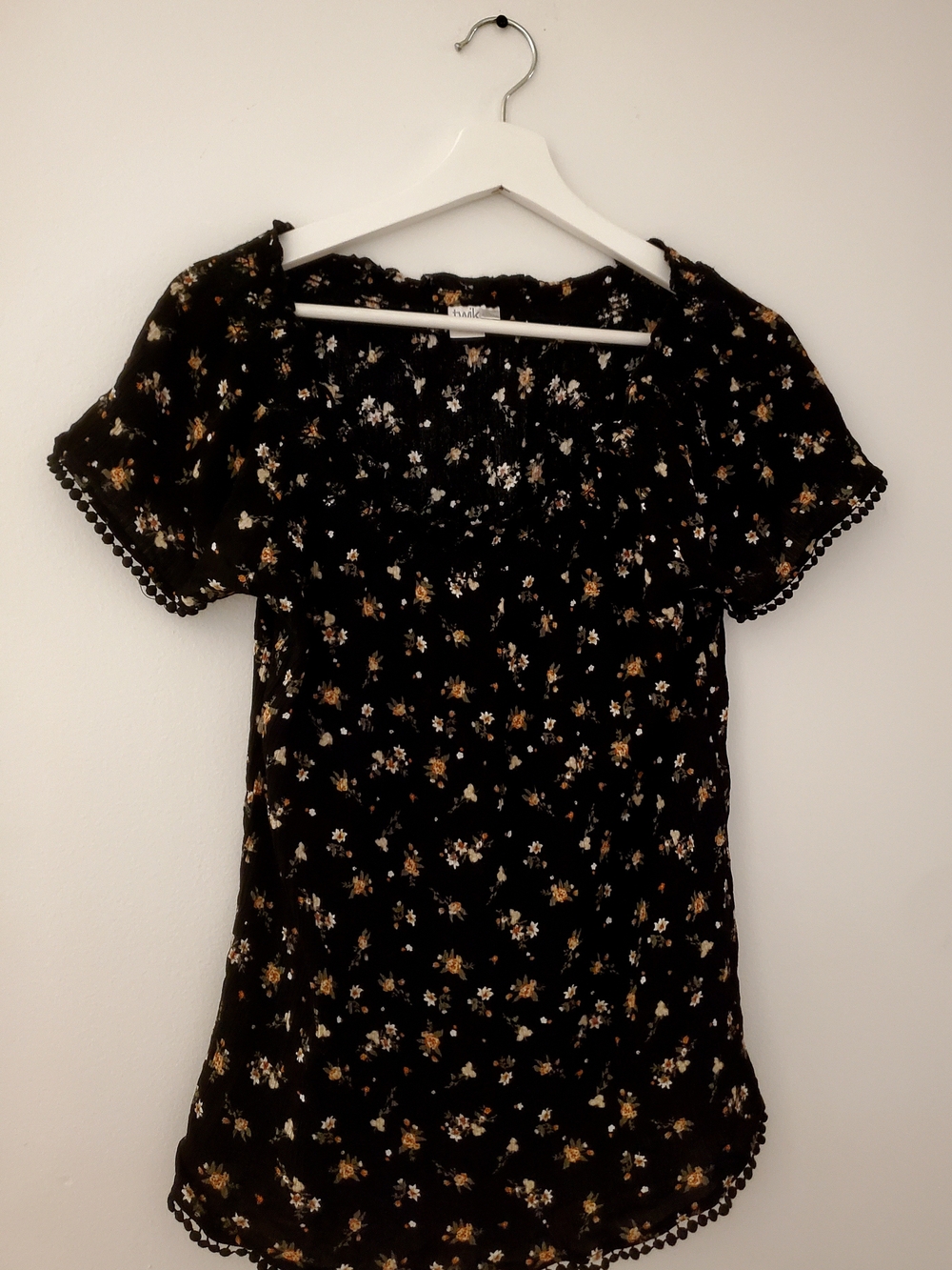 twik Medium Black Floral Blouse with Pom Pom Details